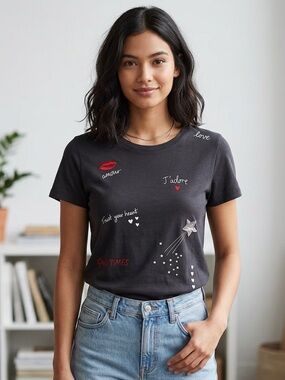 H&M women's charcoal t-shirt embroidered Paris decorations text motifs S